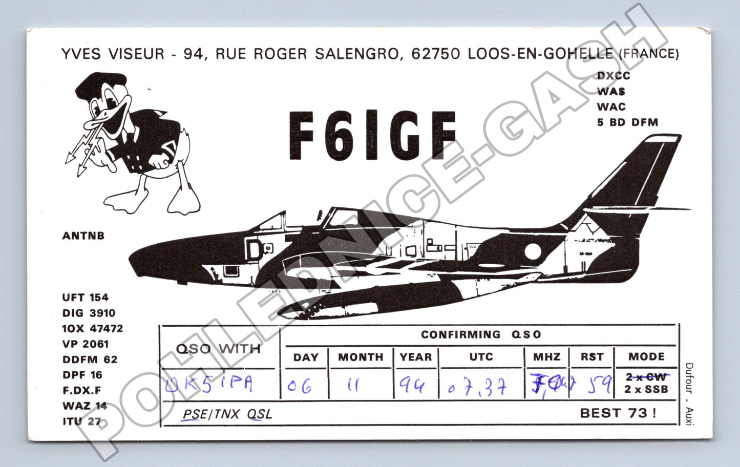 Pohlednice Francie QSL karta letadlo F-86 Sabre 1994 (M34479)