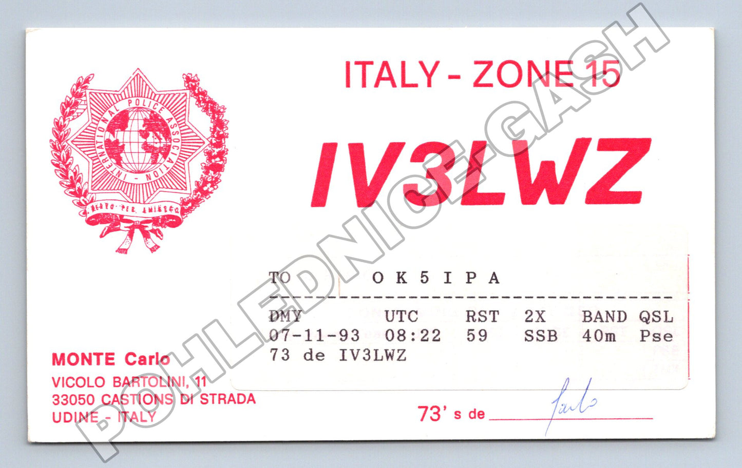 Pohlednice Itálie QSL karta radioamatér IV3LWZ 1993 (M34485)