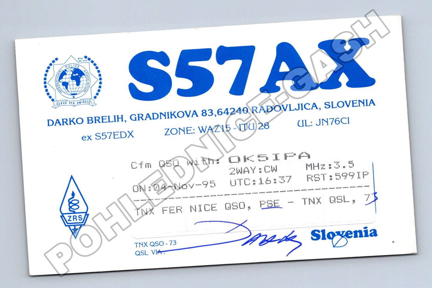 Pohlednice Slovinsko S57AX QSL karta radioamatér 1995 (M34493)