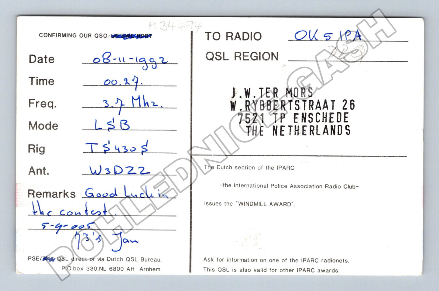 Pohlednice Holandsko radioamatérská karta QSL 1992 (M34494)