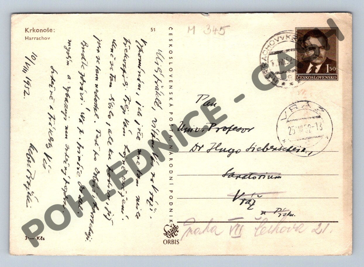 Pohlednice Harrachov Krkonoše zimní 1952 (M345)