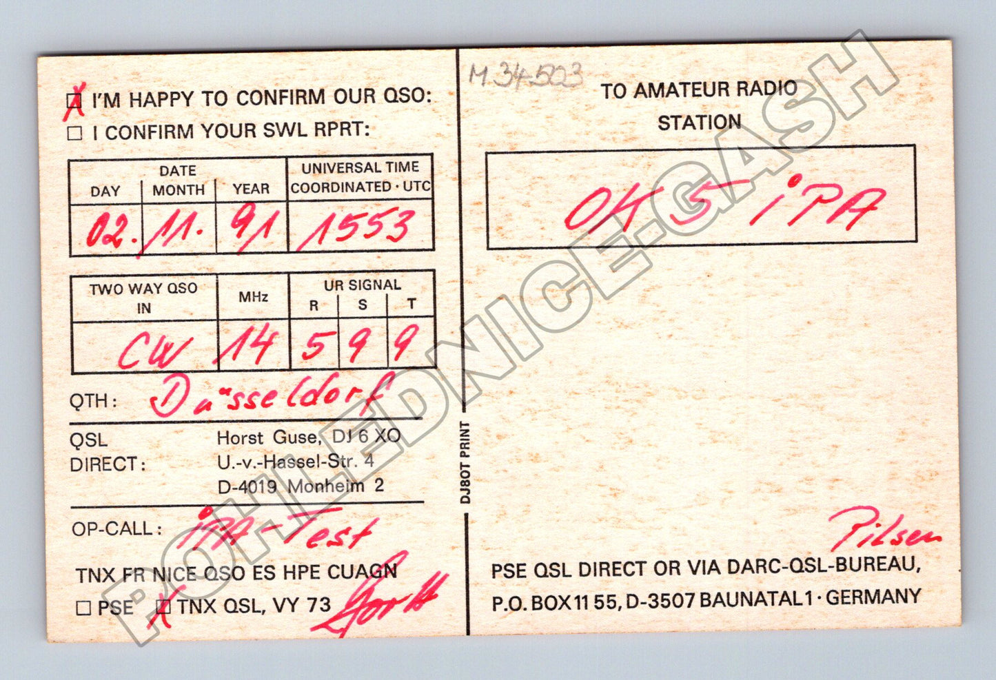 Německo Düsseldorf International Police Association QSL 1991 (M34503)