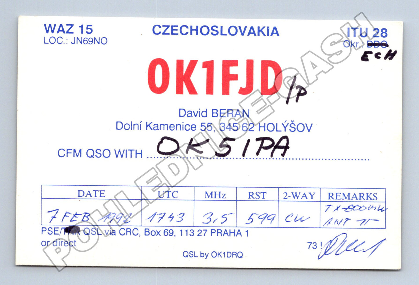 Pohlednice Československo QSL karta OK1FJD Holýšov 1992 (M34509)