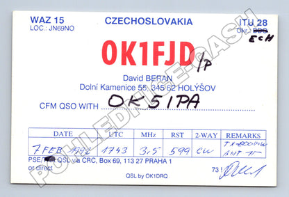 Pohlednice Československo QSL karta OK1FJD Holýšov 1992 (M34509)