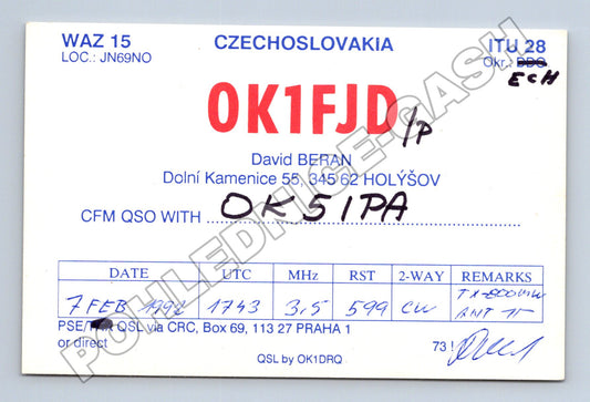 Pohlednice Československo QSL karta OK1FJD Holýšov 1992 (M34509)