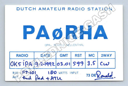 Pohlednice Holandsko radioamatérská QSL karta PA0RHA 1992 (M34510)