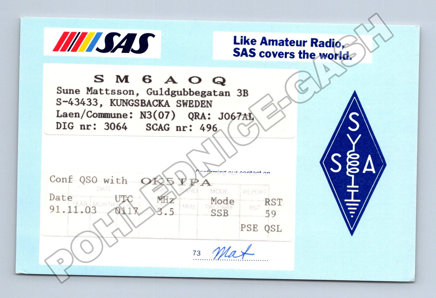 Pohlednice Švédsko QSL karta SAS 1991 (M34511)