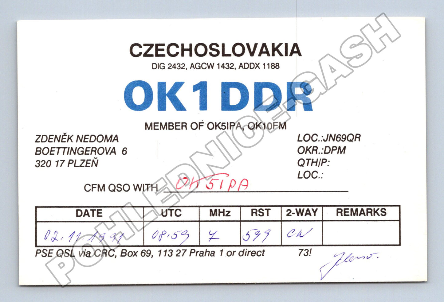 Pohlednice Československo QSL karta OK1DDR Plzeň 1991 (M34515)