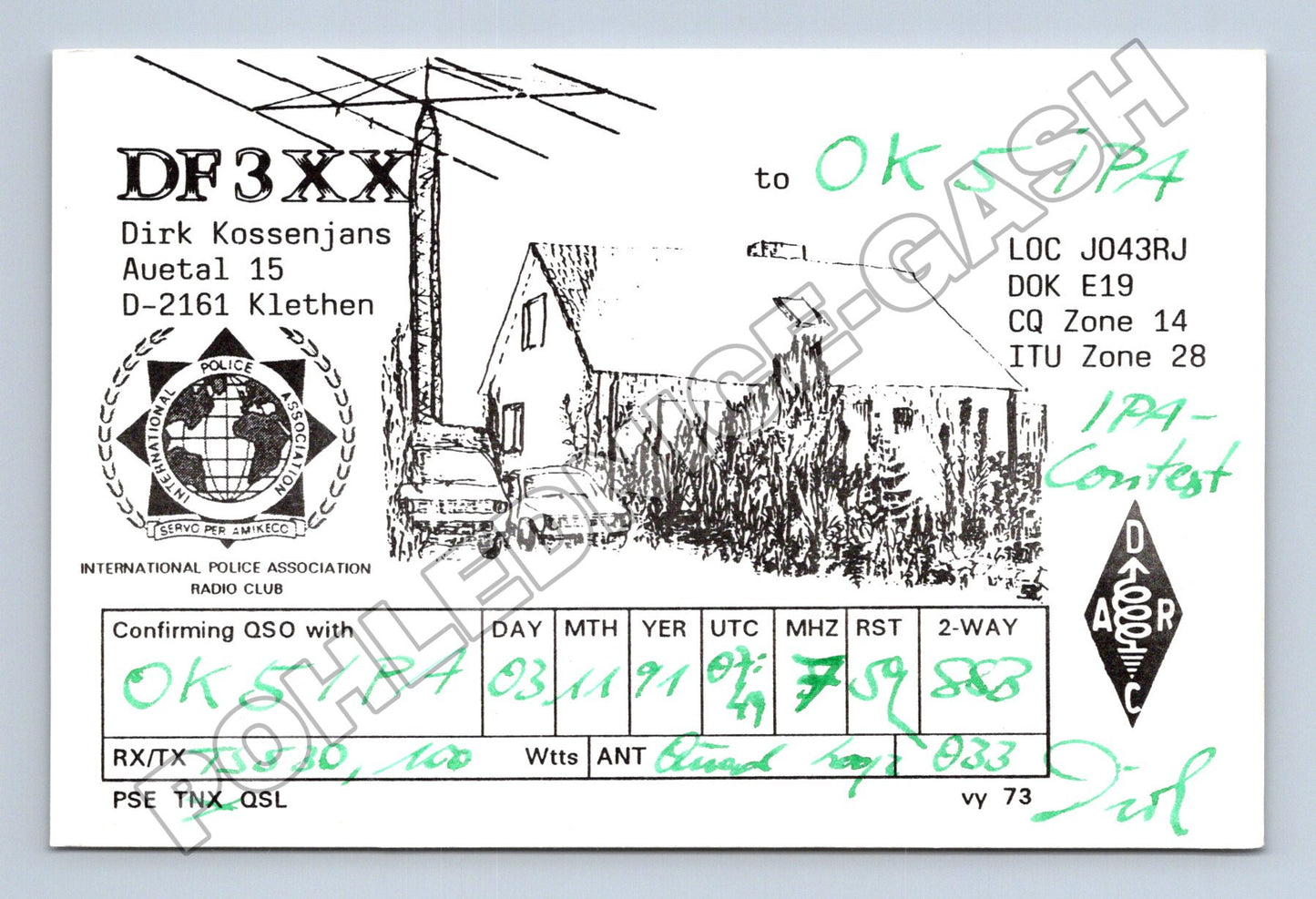 Pohlednice Německo QSL karta radioamatér DF3XX 1991 (M34523)