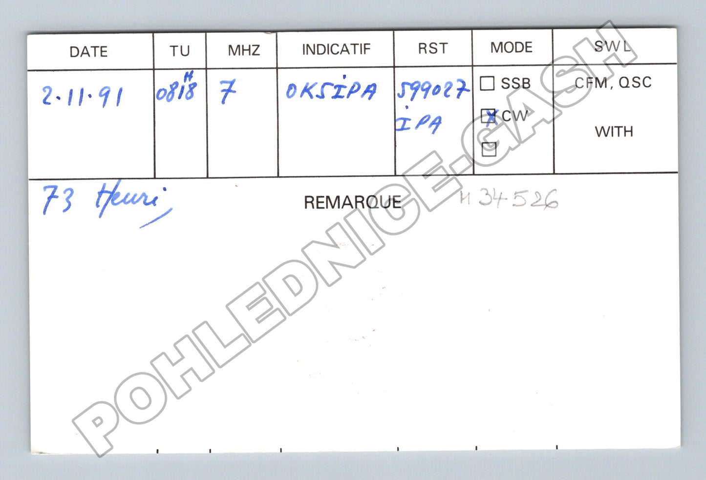 Pohlednice Francie QSL karta amatérské rádio 1991 (M34526)