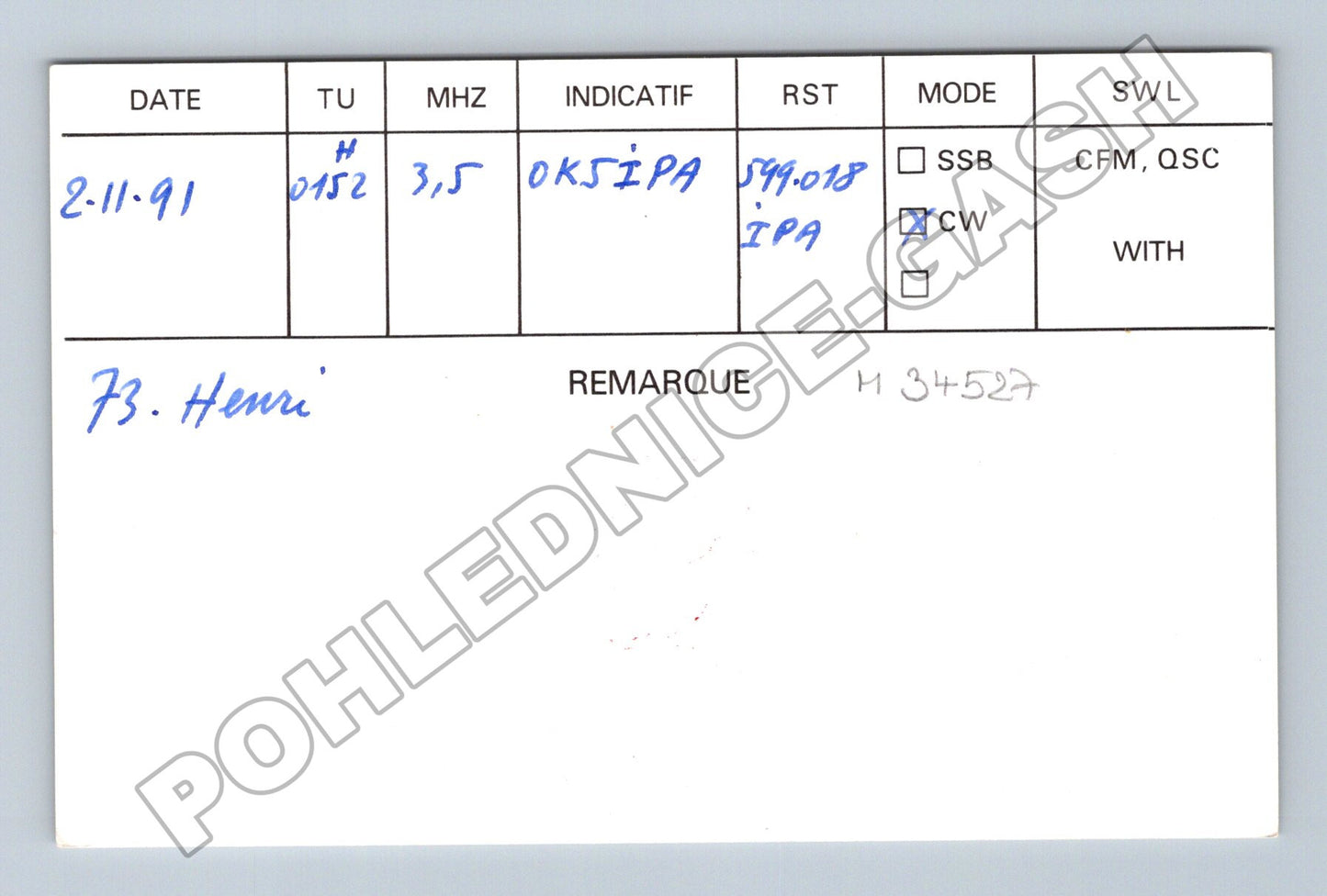 Pohlednice Francie QSL karta FF6IPA OK5IPA 1991 (M34527)