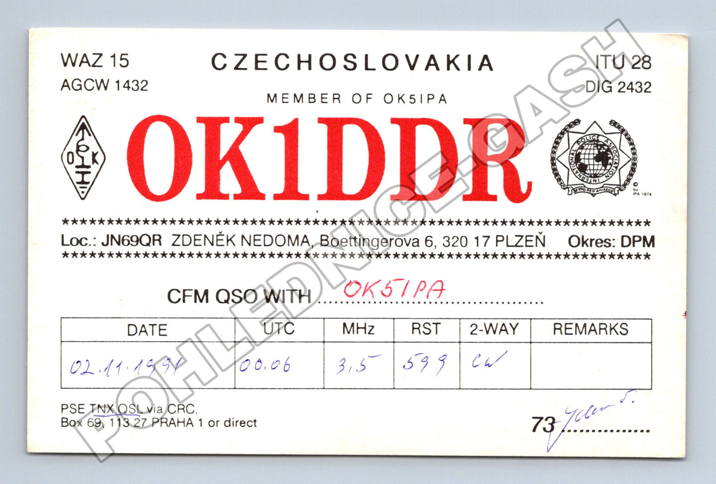 Pohlednice Plzeň radioamatérská QSL karta 1991 (M34530)