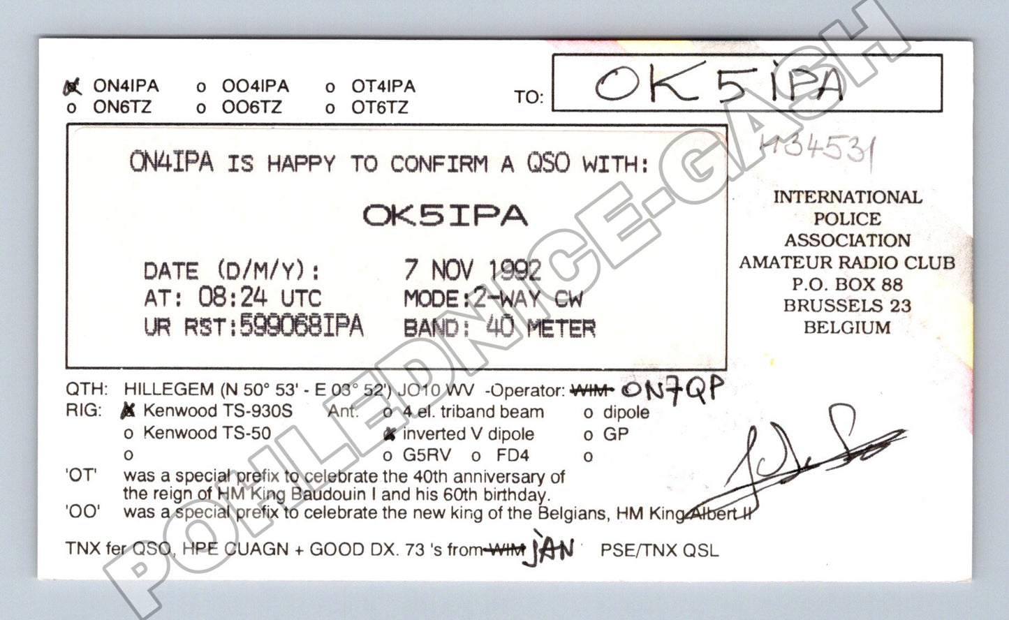 Pohlednice Belgie International Police Association QSL 1992 (M34531)