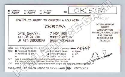 Pohlednice Belgie International Police Association QSL 1992 (M34531)