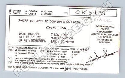 Belgie QSL karta International Police Association 1992 (M34532)