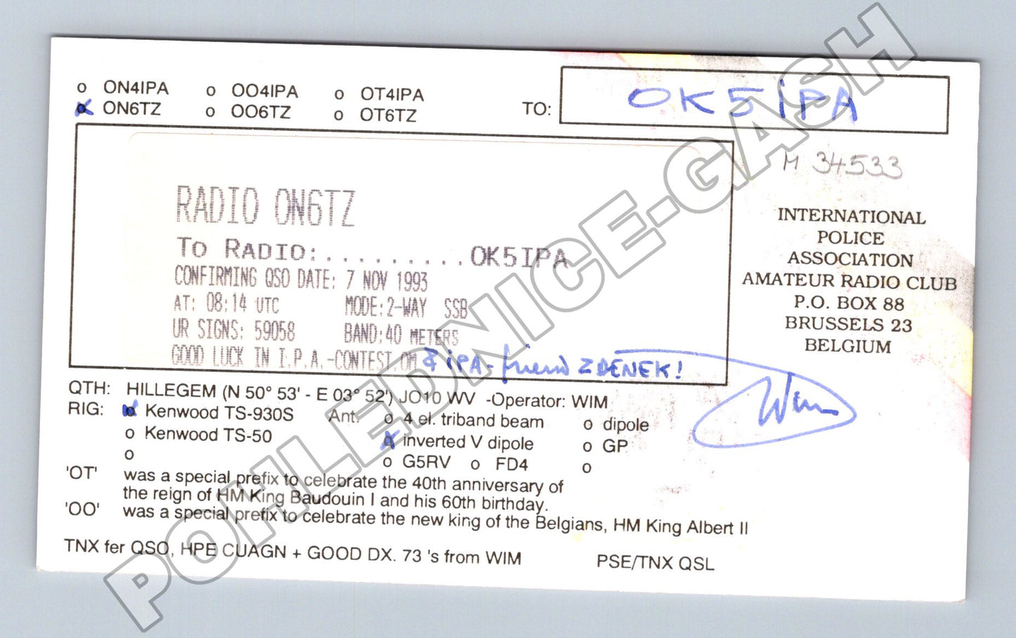 Pohlednice Belgie QSL International Police Association 1993 (M34533)