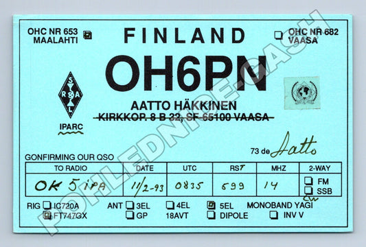 Pohlednice Finland OH6PN QSL karta 1993 (M34535)