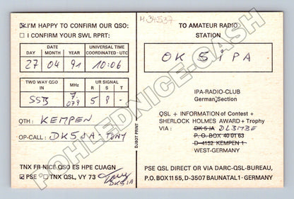 Pohlednice Německo IPA Radio Club QSL karta 1991 (M34537)