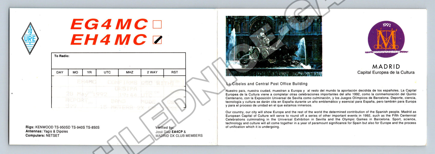 Pohlednice Španělsko Madrid QSL karta EG4MC 1992 (M34543)
