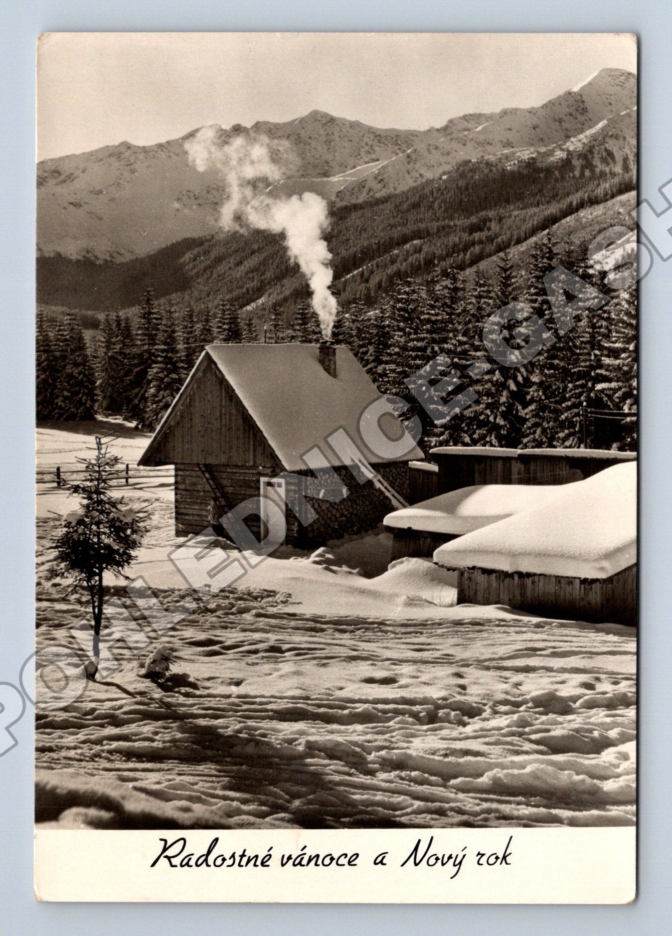 Pohlednice Vánoce chata sníh hory 1957 (M34571)