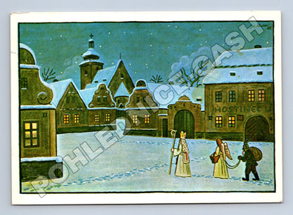 Pohlednice zimní vesnice Mikuláš anděl čert J. Lada 1959 (M34613)