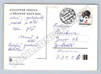 Pohlednice zimní vesnice Mikuláš anděl čert J. Lada 1959 (M34613)