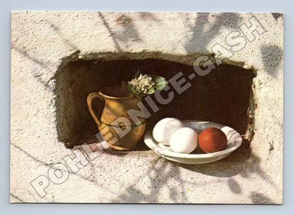 Pohlednice zátiší džbán s květinou a vejce 1971 (M34649)