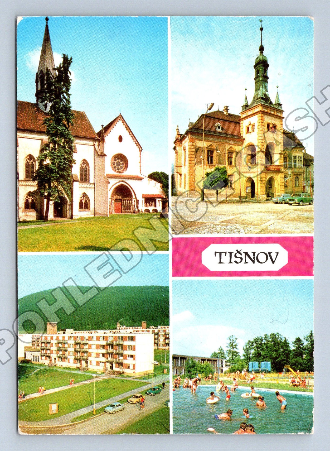 Pohlednice Tišnov náměstí kostel bazén hotel 1992 (M34687)