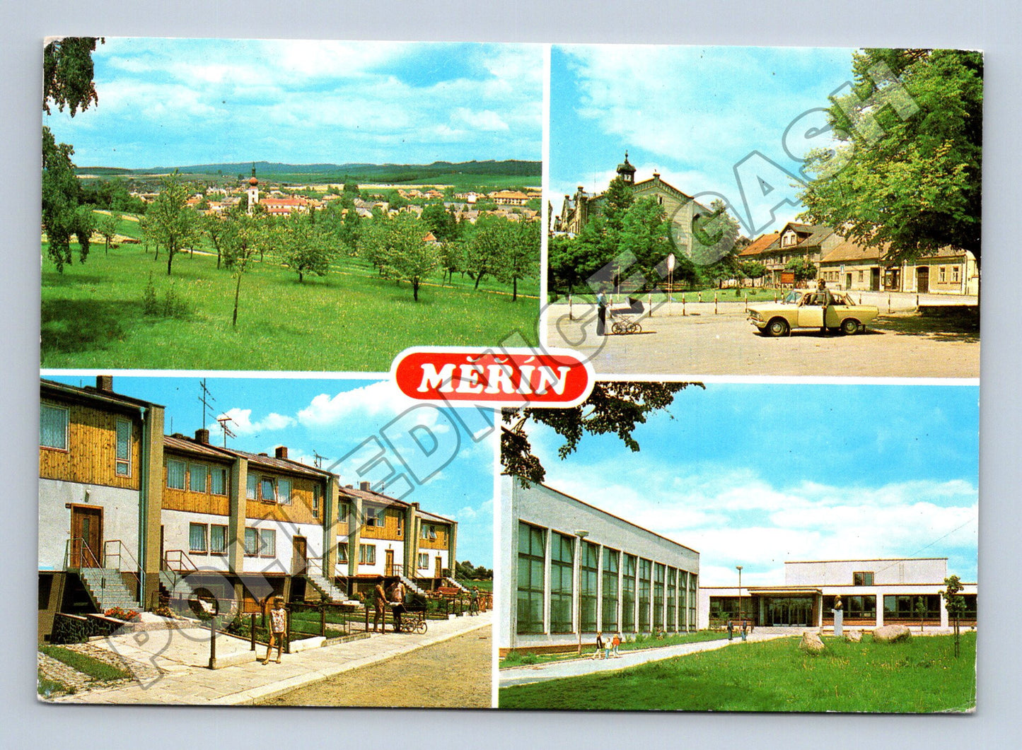Pohlednice Měřín koláž celkový pohled škola 1970 (M34718)