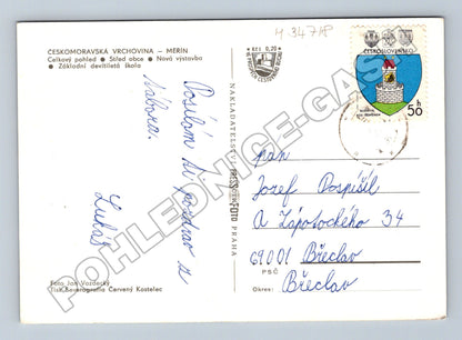 Pohlednice Měřín koláž celkový pohled škola 1970 (M34718)