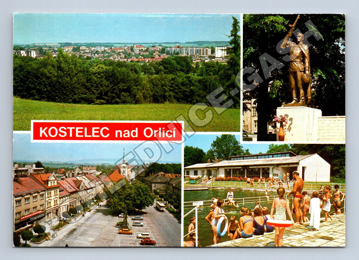 Pohlednice Kostelec nad Orlicí koláž památník, koupaliště (M34721)