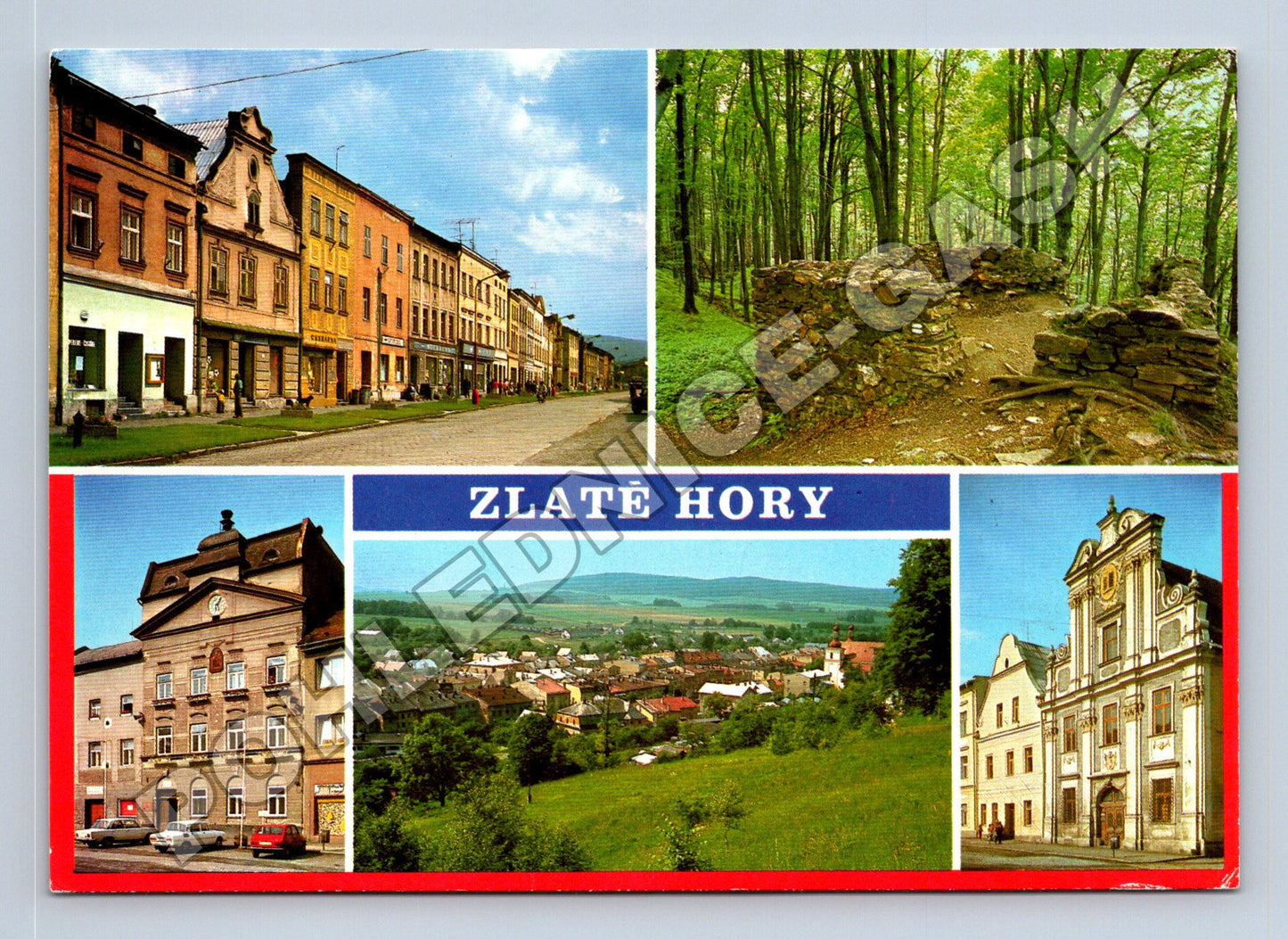 Pohlednice Zlaté Hory ulice, zřícenina, celkový pohled 198x (M34813)