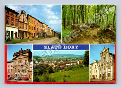 Pohlednice Zlaté Hory ulice, zřícenina, celkový pohled 198x (M34813)