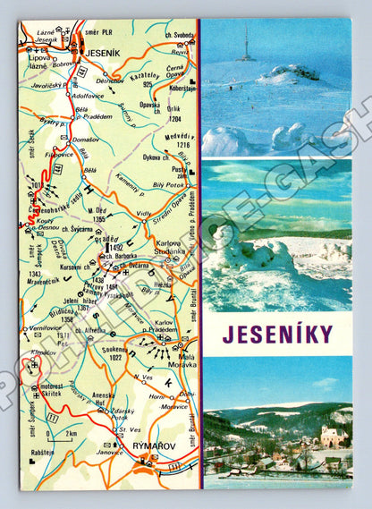 Pohlednice Jeseníky mapa a horské motivy 1980 (M34885)
