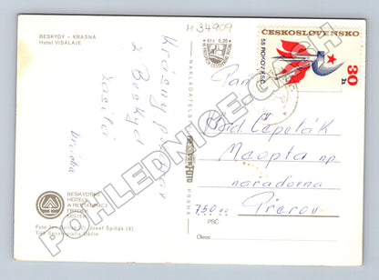 Pohlednice Beskydy Krásná Hotel Visalaje interiér a zima 1975 (M34909)