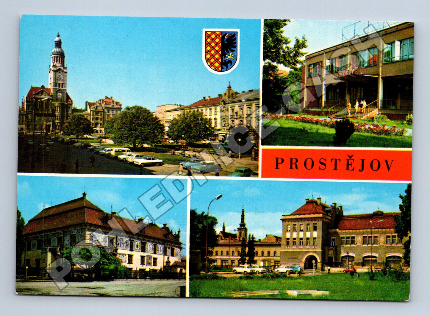 Pohlednice Prostějov radnice, Pernštejnský zámek, lázně 1970s (M34977)