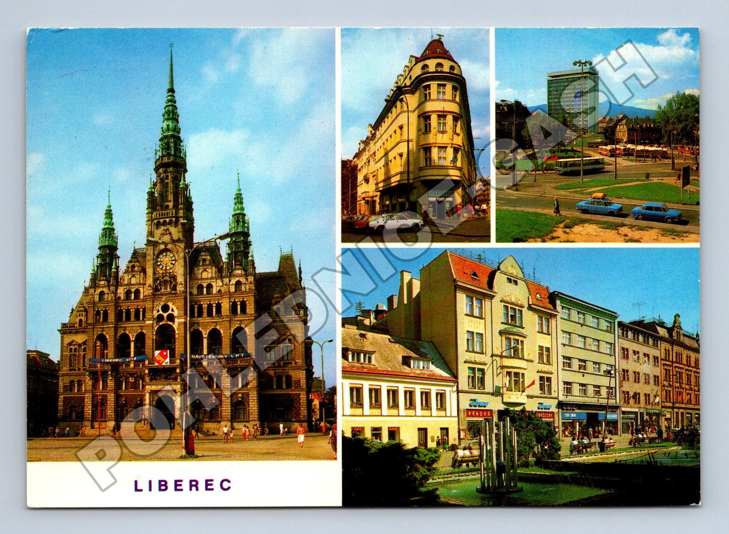 Pohlednice Liberec vícepohled radnice a ulice (M34994)