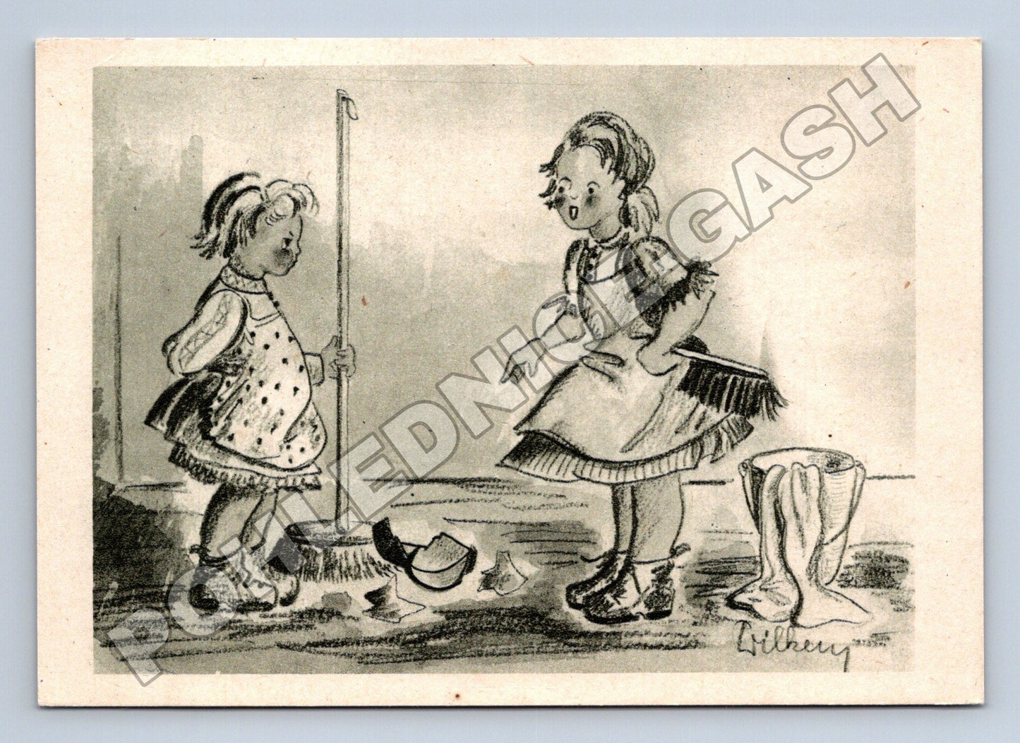 Pohlednice Kresba dvou dívek při úklidu Lilhemy (M35397)