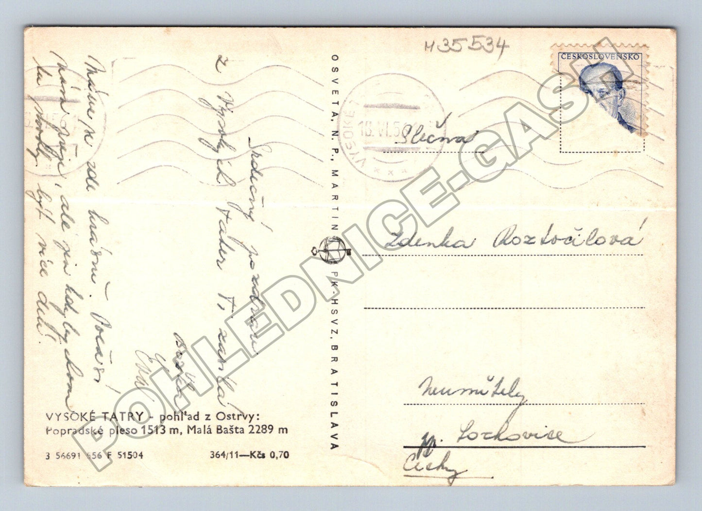Pohlednice Slovensko Vysoké Tatry Ostrva 1954 (M35534)