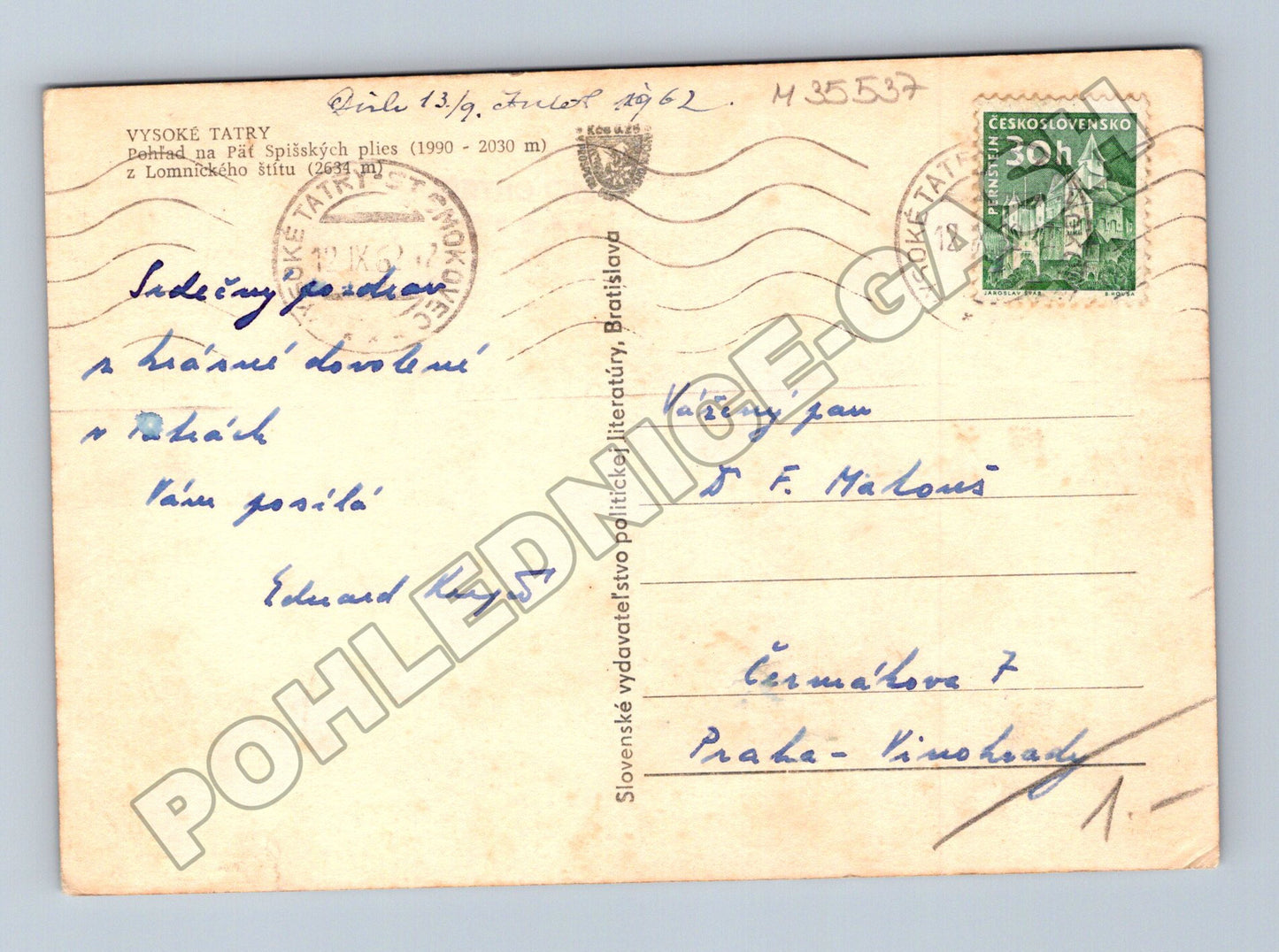 Pohlednice Slovensko Vysoké Tatry Lomnický štít 1962 (M35537)
