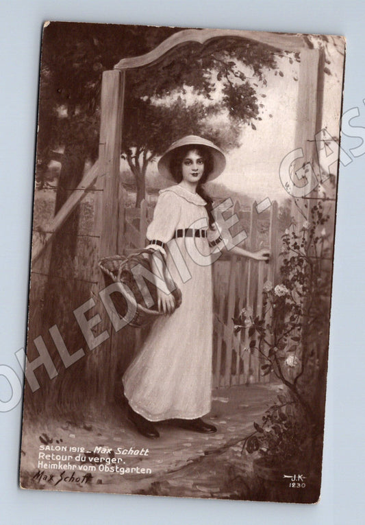 Pohlednice dívka v zahradě RU 1912 (M3559)