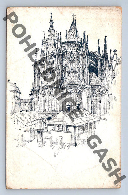 Pohlednice Praha katedrála sv Víta perokresba 1929 (M356)