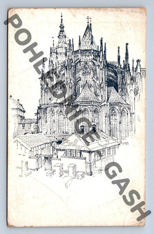 Pohlednice Praha katedrála sv Víta perokresba 1929 (M356)
