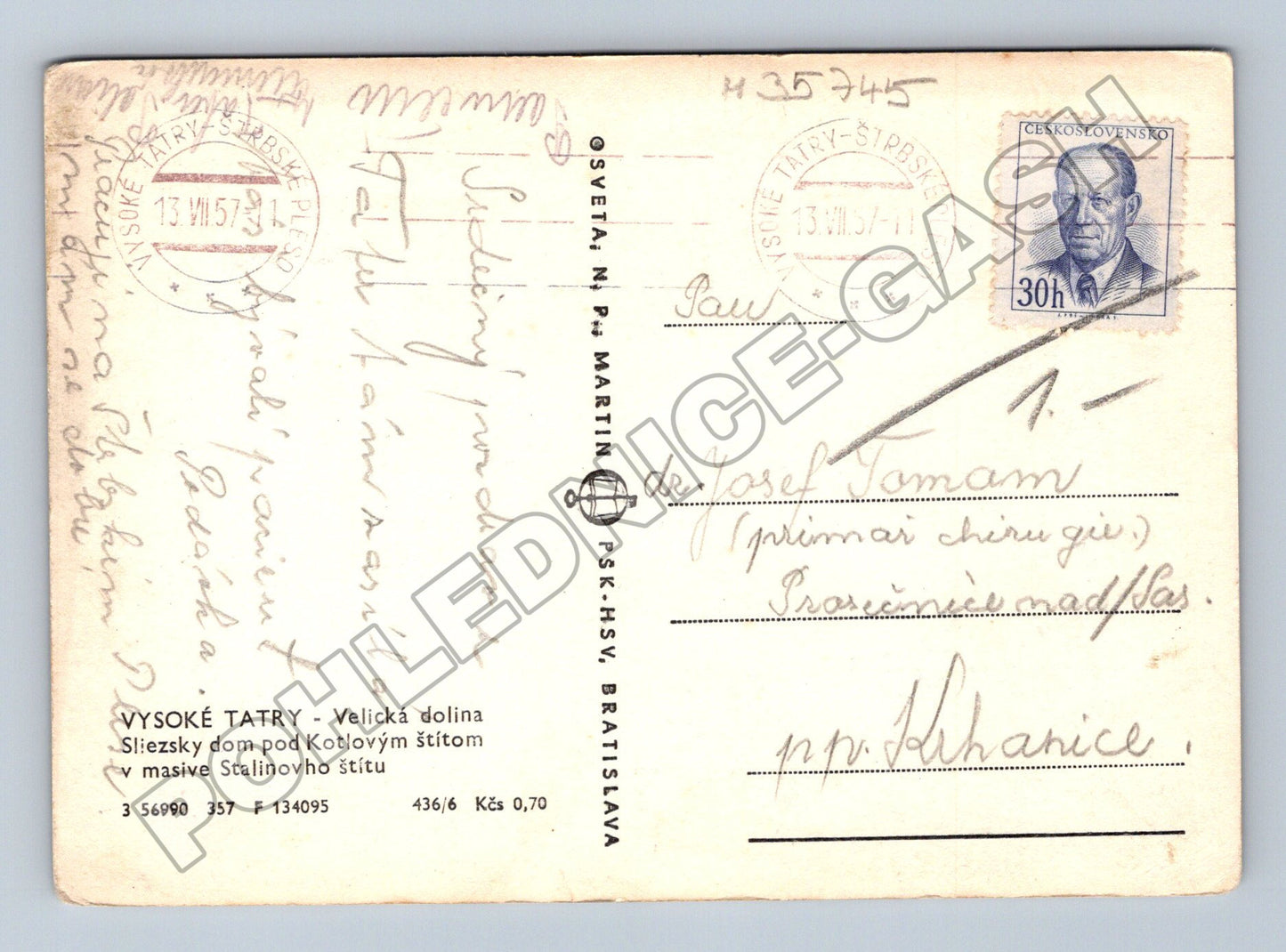 Pohlednice Slovensko Vysoké Tatry Velická dolina 1957 (M35745)
