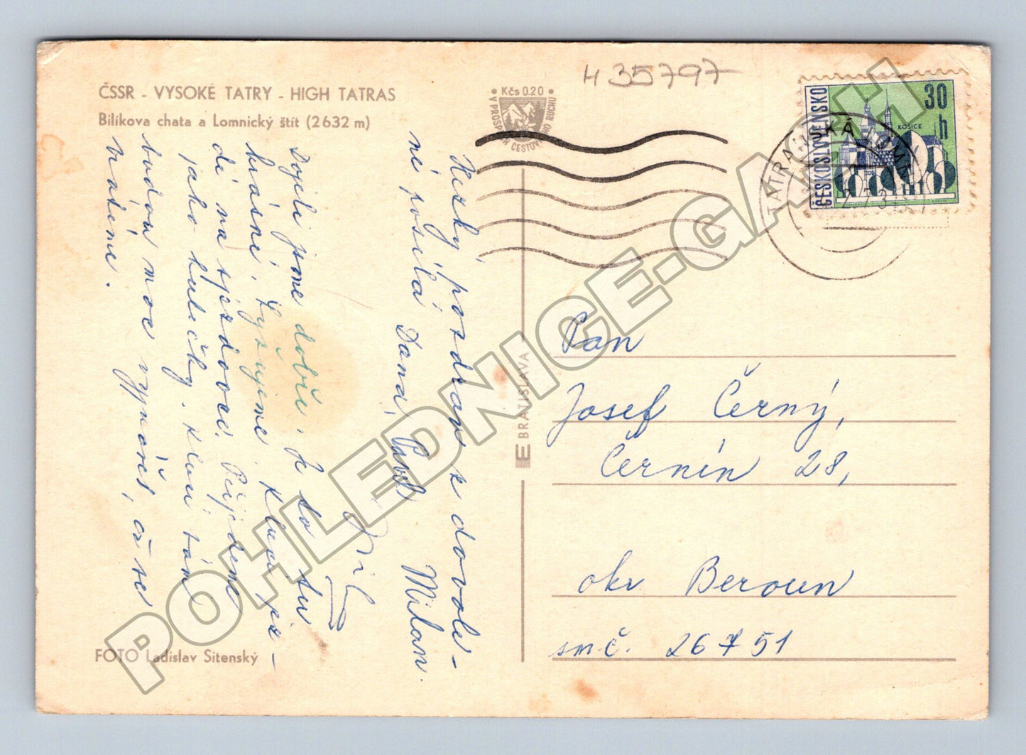 Pohlednice Slovensko Vysoké Tatry Bilíkova chata 196x (M35797)