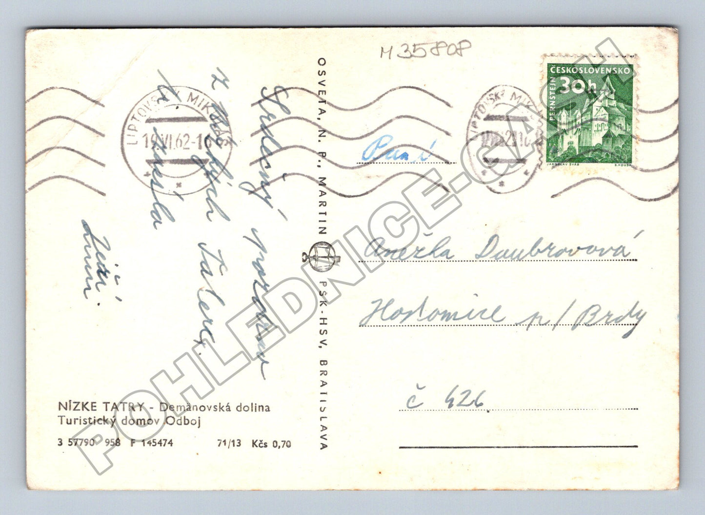 Pohlednice Slovensko Nízké Tatry Demänovská dolina Odboj 1962 (M35808)