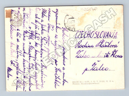 Pohlednice Žatec ulice s auty a sochou 1958 (M35848)
