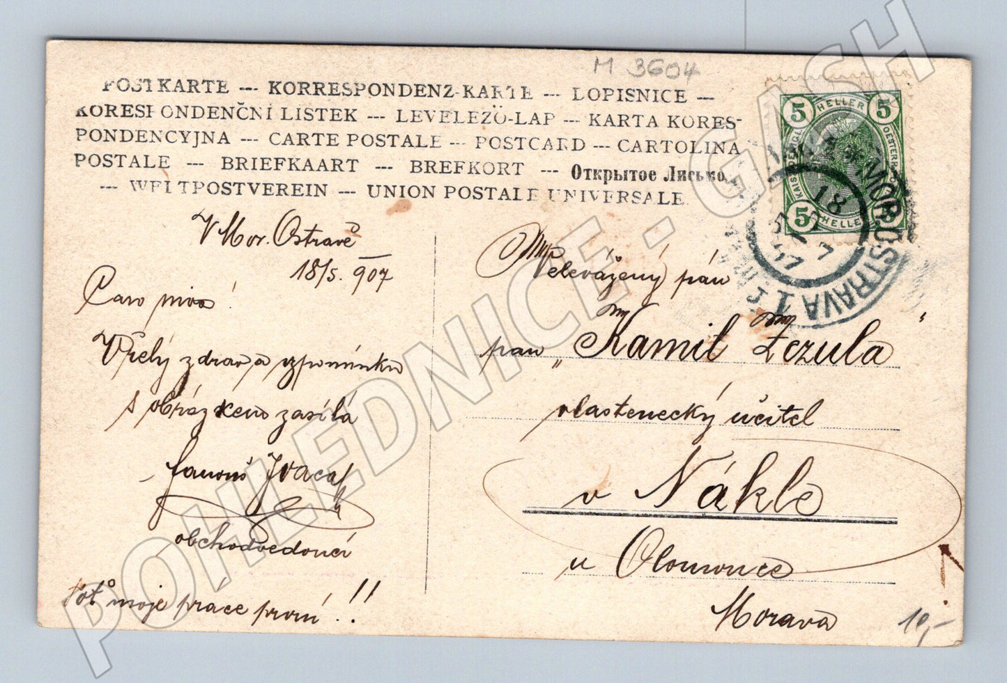 Pohlednice portrét muže Ostrava 1907 (M3604)