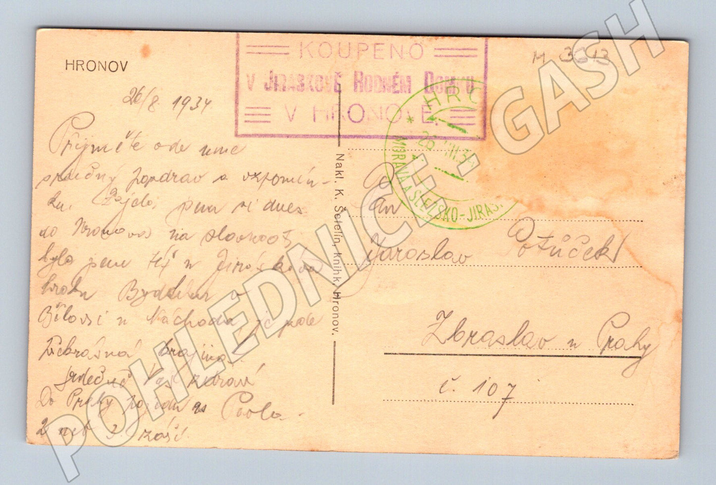 Pohlednice rodná světnička Aloise Jiráska 1934 (M3613)