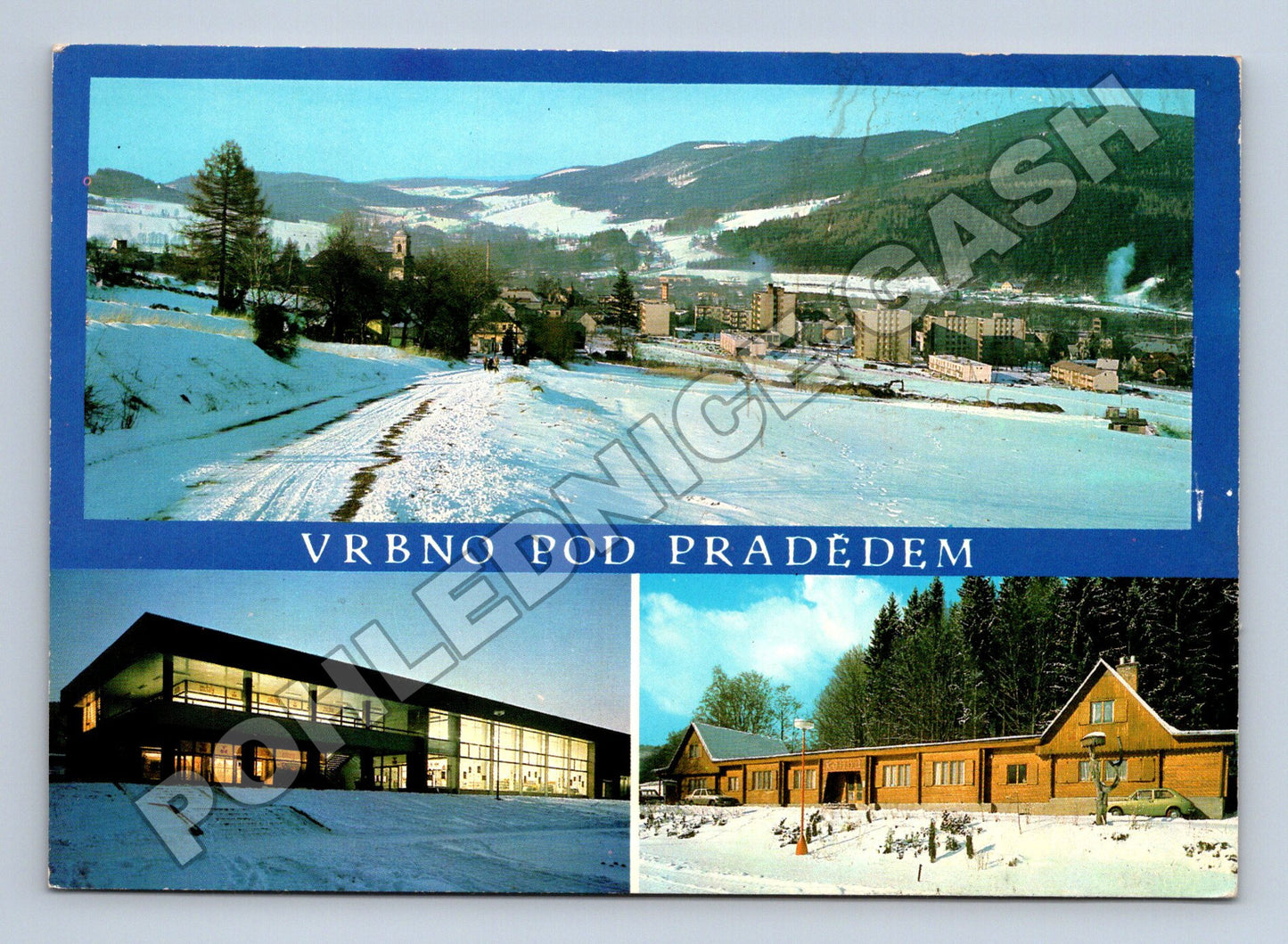 Pohlednice Vrbno pod Pradědem celkový pohled a budovy 1983 (M36289)